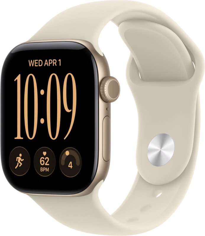Apple Watch Series 12, 42 мм, корпус из алюминия цвета «светлое золото», спортивный ремешок песочного цвета