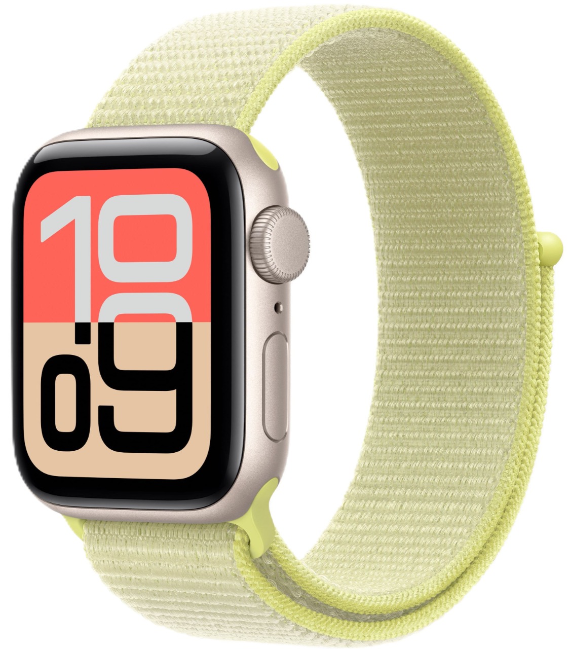 Apple Watch SE (2025), 44 мм, корпус из алюминия цвета «сияющая звезда», спортивный ремешок Loop неоновой-желтого цвета