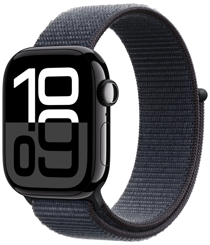 Apple Watch Series 10, 46 мм, корпус из алюминия цвета "черный глянец", спортивный ремешок Loop темно-синего цвета