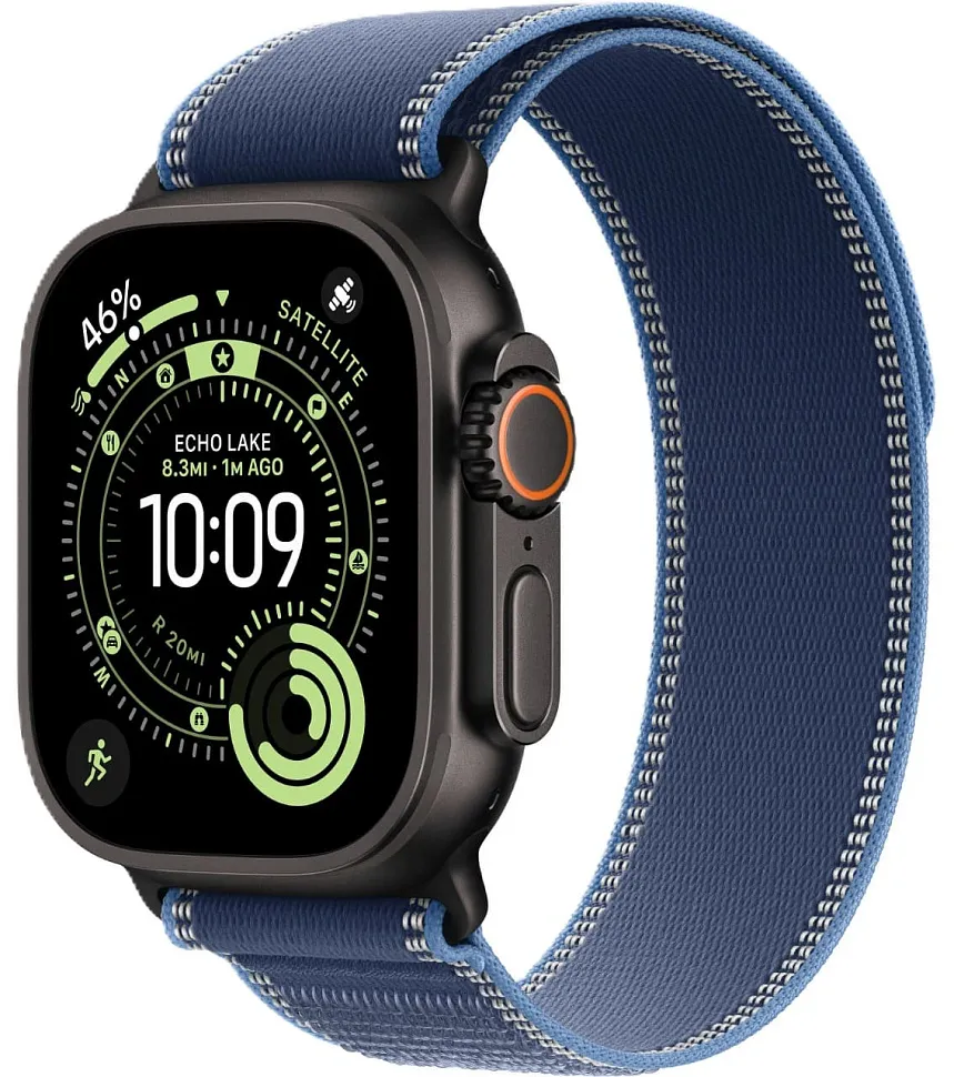 Apple Watch Ultra 3 GPS + Cellular, 49 мм, корпус из чёрного титана, ремешок Trail синего/ярко-синего цвета