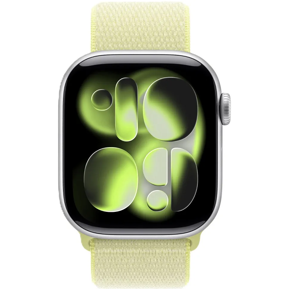 Apple Watch Series 11, 46 мм, корпус из алюминия серебристого цвета, спортивный ремешок Loop неоново-желтого цвета