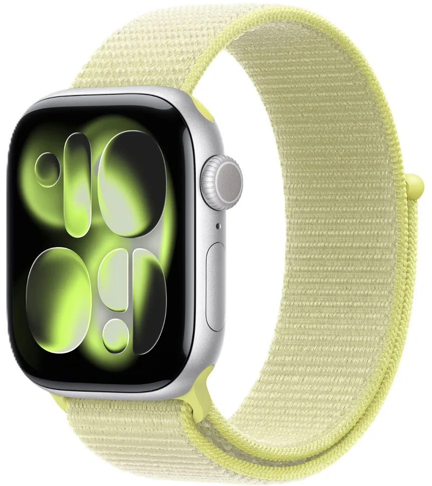 Apple Watch Series 11, 42 мм, корпус из алюминия серебристого цвета, спортивный ремешок Loop неоново-желтого цвета