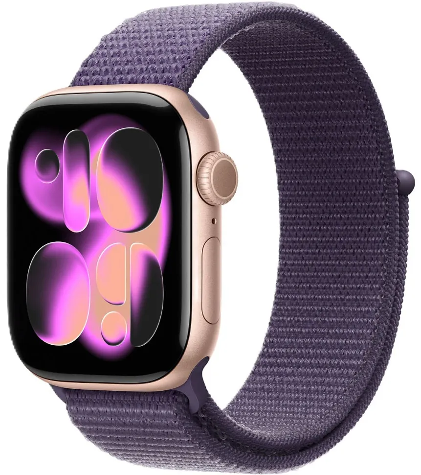 Apple Watch Series 11, 46 мм, корпус из алюминия цвета «розовое золото», спортивный ремешок Loop цвета «фиолетовый туман»