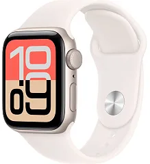 Apple Watch SE (2025), 40 мм, корпус из алюминия цвета «сияющая звезда», спортивный ремешок цвета «лёгкий румянец»