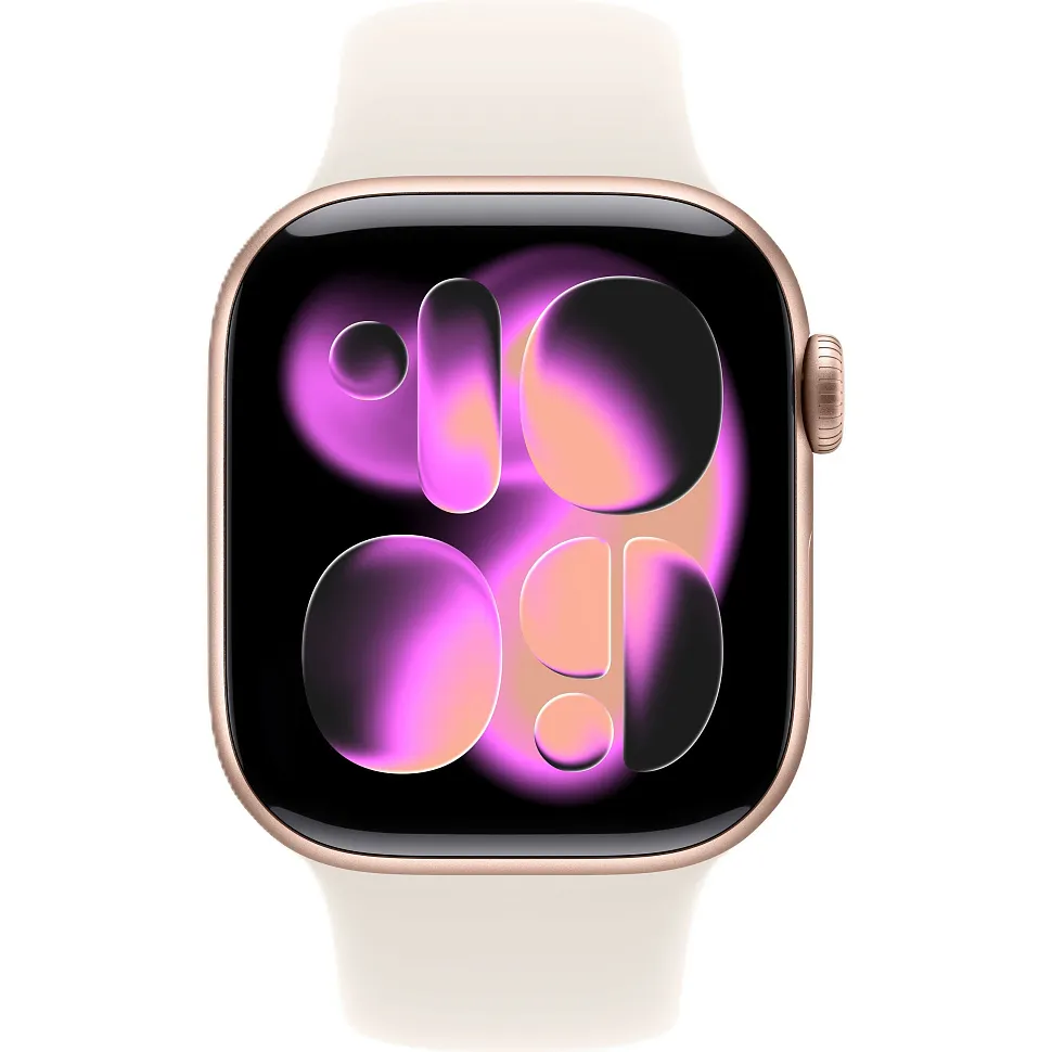 Apple Watch Series 11, 46 мм, корпус из алюминия цвета «розовое золото», спортивный ремешок цвета «сияющая звезда»