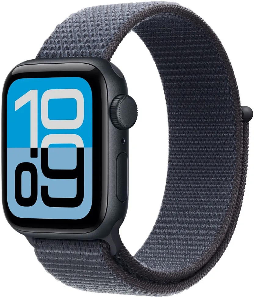 Apple Watch SE (2025), 40 мм, корпус из алюминия цвета «полуночный черный», спортивный ремешок Loop цвета «якорный синий»