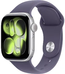 Apple Watch Series 11, 46 мм, корпус из алюминия серебристого цвета, спортивный ремешок цвета "фиолетовый туман"